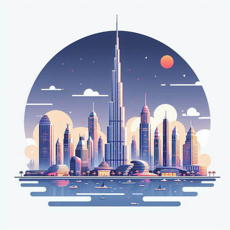 Dubai skyline at sunset. Vector illustration in modern flat style.のイラスト素材