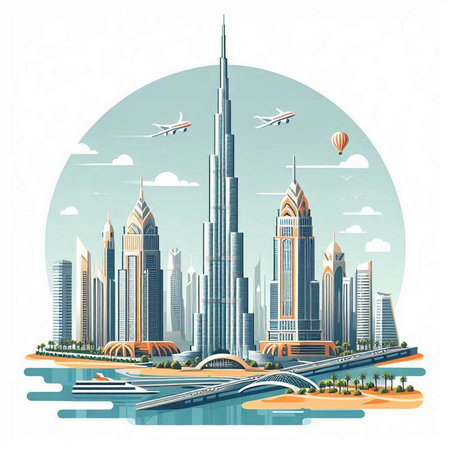 Dubai skyline with skyscrapers and bridge. Vector illustration.のイラスト素材