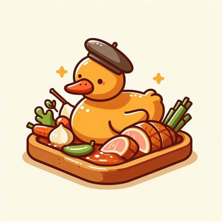 Duck and vegetables on a wooden board. Vector cartoon illustration.のイラスト素材