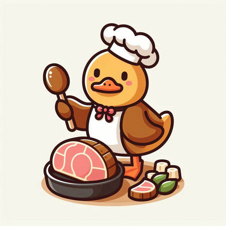 Illustration of a Cute Duck Chef Cartoon Character Cooking Steaksのイラスト素材