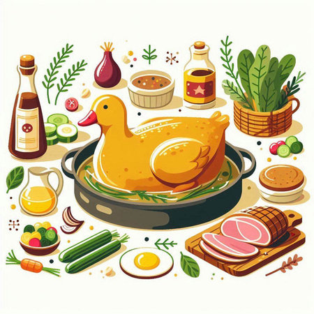 Roast chicken in a pan with ingredients for cooking. Vector illustrationのイラスト素材