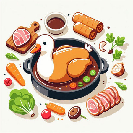 Illustration of a chicken in a frying pan with vegetables and meatのイラスト素材