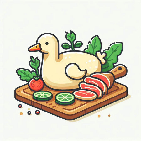 Illustration of duck and vegetables on a wooden board. Vector illustration.のイラスト素材