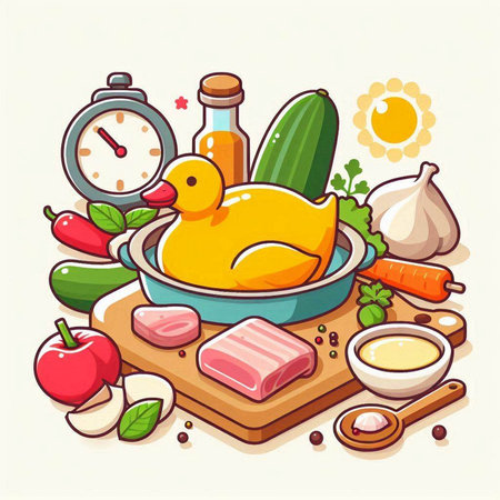 Illustration of a chicken in a pan with ingredients for cooking.のイラスト素材