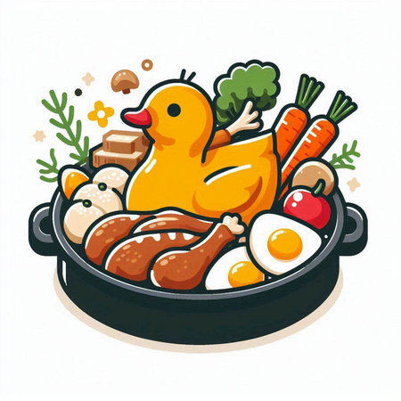 Illustration of a chicken in a frying pan with vegetables and eggsのイラスト素材