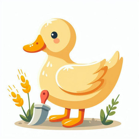 Cute cartoon duck with a shovel and wheat. Vector illustration.のイラスト素材