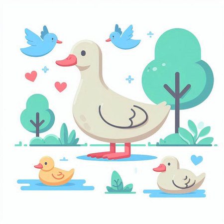 Vector illustration of a cute duck with a duckling in the park.のイラスト素材
