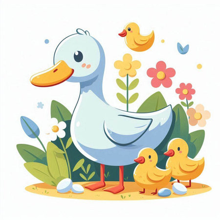 Vector illustration of a cute cartoon duck with ducklings and flowers.のイラスト素材