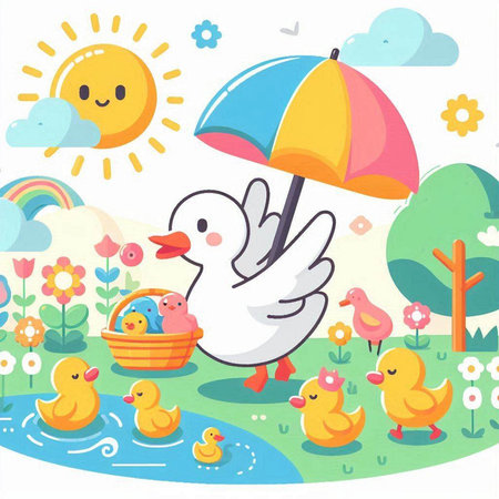 Duck with ducklings in the garden. Cute vector illustrationのイラスト素材