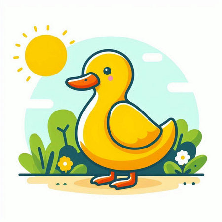 Vector illustration of a cute yellow rubber duck on the background of the sunのイラスト素材