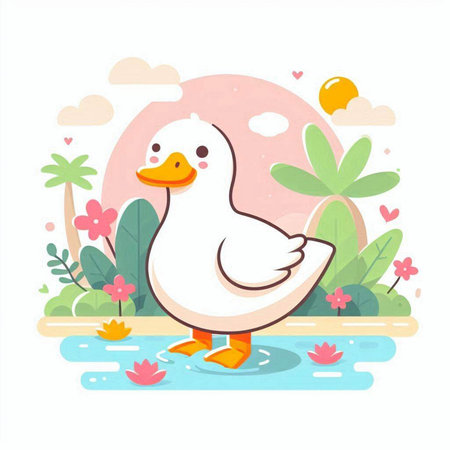 Cute cartoon duck on the background of the pond. Vector illustration.のイラスト素材