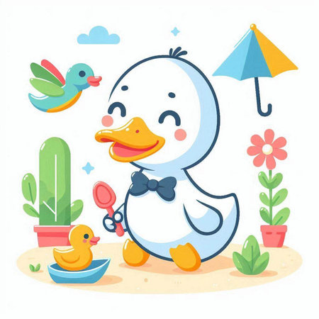 Cute cartoon duck with ducklings on the beach. Vector illustrationのイラスト素材