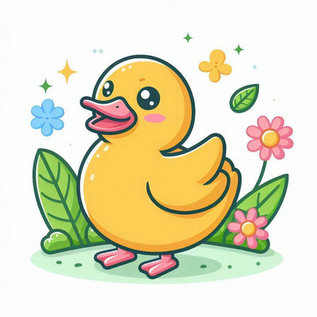 Cute yellow duckling with flowers and leaves. Vector illustration.のイラスト素材