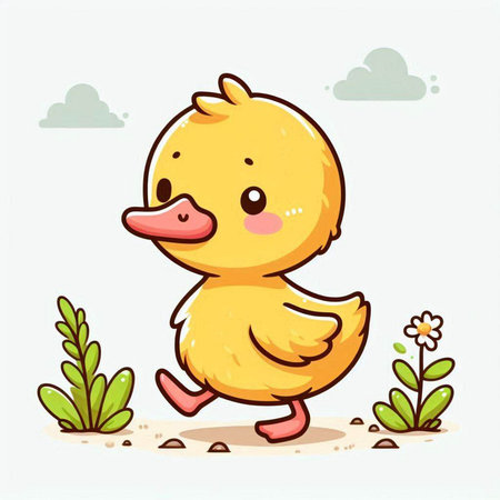 Cute cartoon duckling walking on the ground. Vector illustration.のイラスト素材