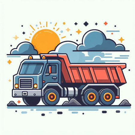 Dump truck with sun and clouds. Vector illustration in flat style.のイラスト素材