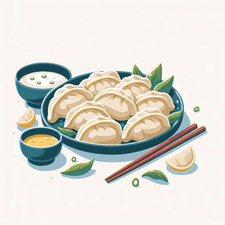 Vector illustration of Chinese dumplings on a plate with chopsticksのイラスト素材