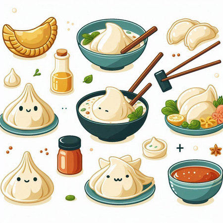 Vector set of dumplings in cartoon style on a white backgroundのイラスト素材