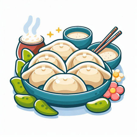 Steamed dumplings with sauce and chopsticks. Vector illustrationのイラスト素材