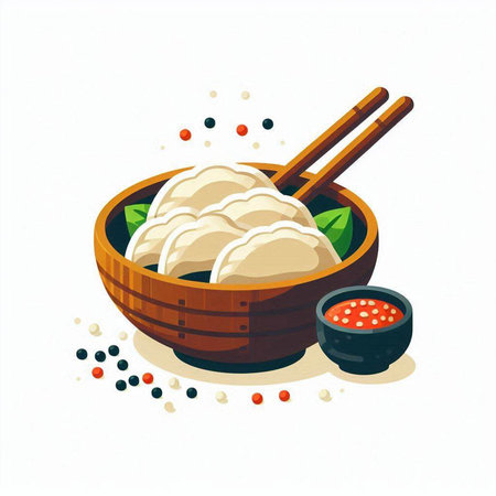 Illustration of dumplings in a wooden bowl with chopsticksのイラスト素材