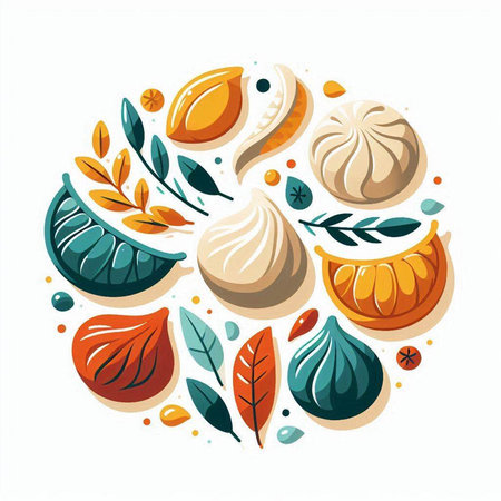 Vector illustration of traditional oriental dumplings with autumn leaves.のイラスト素材