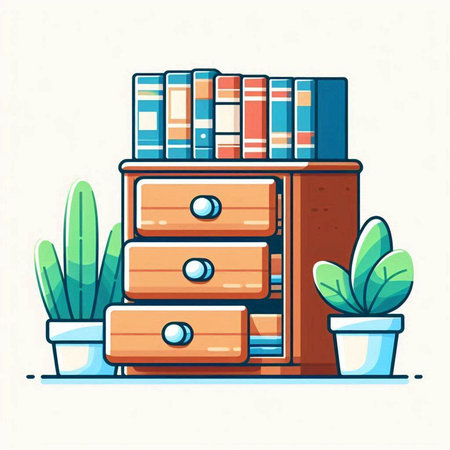 Vector illustration of wooden chest of drawers with books in flat styleのイラスト素材