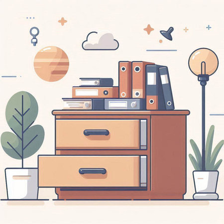 Vector illustration of a cabinet with books and lamp. Flat style.のイラスト素材