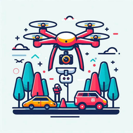Drone flying on the road. Vector illustration in thin line style.のイラスト素材