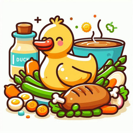 Illustration of Cute Cartoon Duck and Food on White Backgroundのイラスト素材