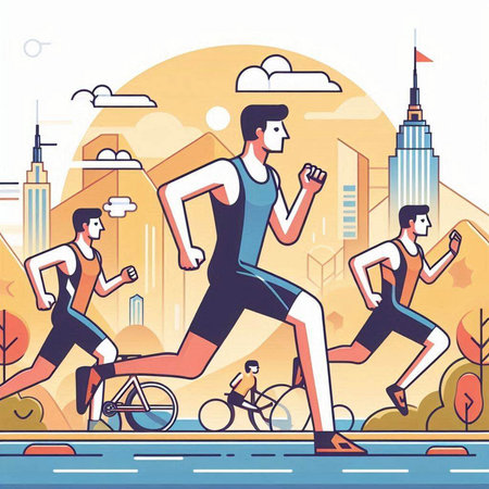 Vector illustration of people running in the city. Healthy lifestyle concept.のイラスト素材