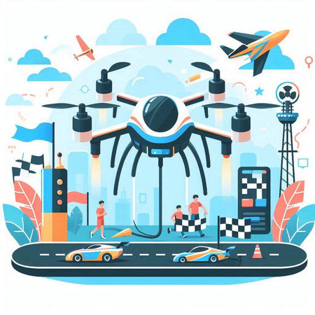 Modern flat design concept of flying drone, artificial intelligence, autonomous vehicle. Vector illustrationのイラスト素材