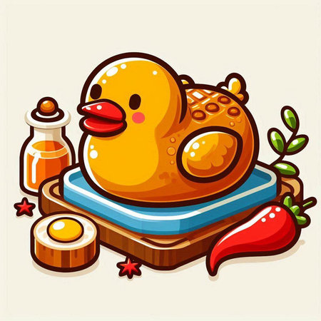 Illustration of a cute chicken on a cutting board with ingredients.のイラスト素材