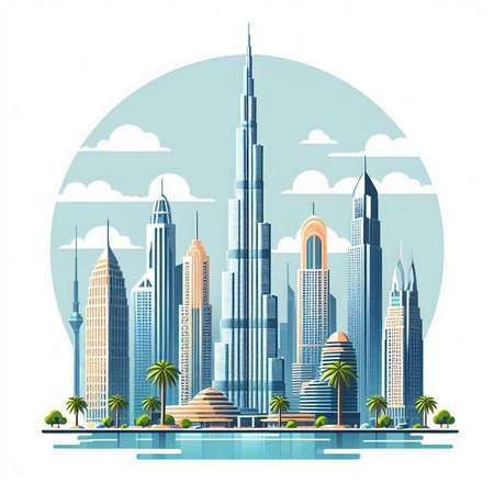 Dubai skyline with skyscrapers and palm trees, vector illustrationのイラスト素材