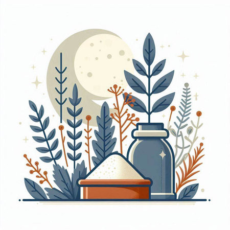 Vector illustration of cosmetic product with herbs and moon on white background.のイラスト素材
