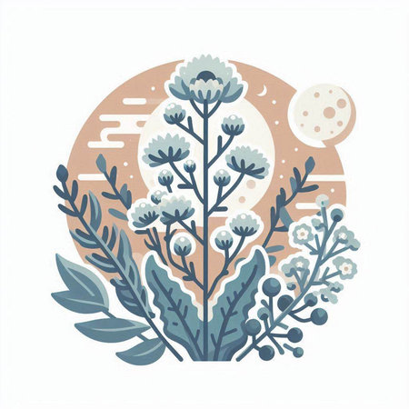 Cute vector illustration with flowers and moon in pastel colors.のイラスト素材