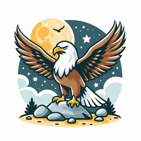 Bald eagle on the rock with moon and stars. Vector illustration.のイラスト素材