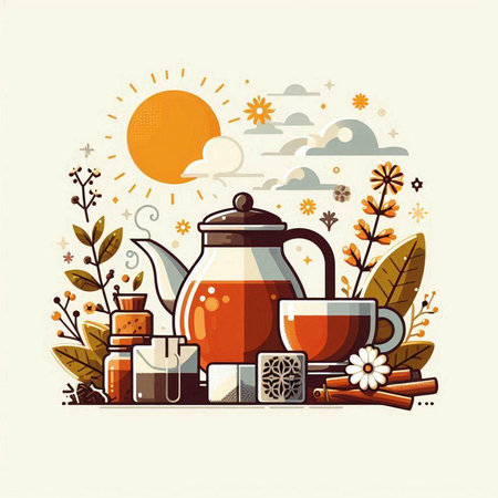 Cup of tea with floral elements. Vector illustration in flat style.のイラスト素材