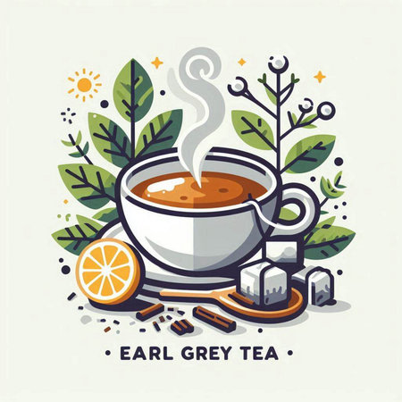 Cup of tea with lemon, cinnamon and leaves. Vector illustration.のイラスト素材