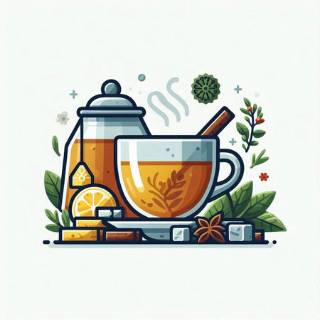 Cup of tea with lemon, cinnamon and anise. Vector illustration.のイラスト素材