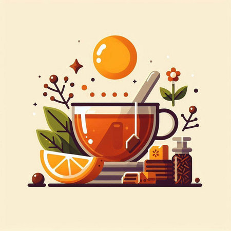 Cup of tea with lemon, honey and spices. Vector illustration.のイラスト素材