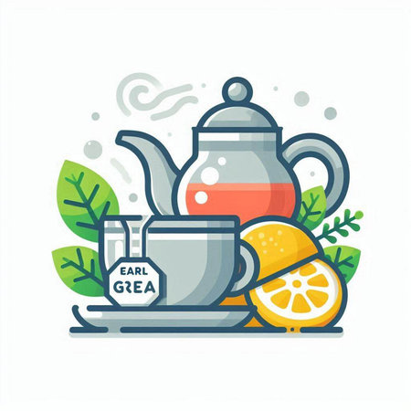 Tea set. Teapot, cup, lemon, leaves. Vector illustration.のイラスト素材