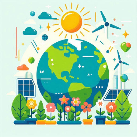 Ecology concept. Flat style vector illustration. Earth planet with solar panels, windmills and flowers.のイラスト素材