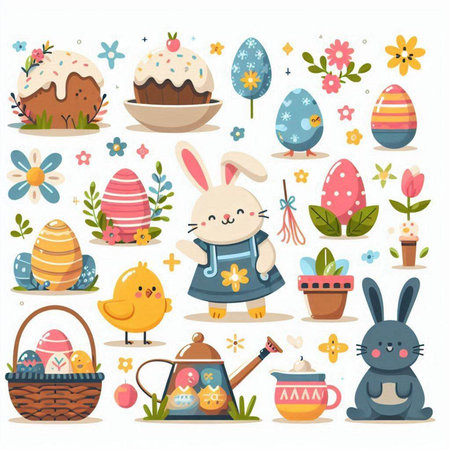 Easter set with cute bunny, eggs and flowers. Vector illustrationのイラスト素材