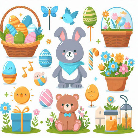 Easter set with cute animals and eggs in basket. Vector illustrationのイラスト素材