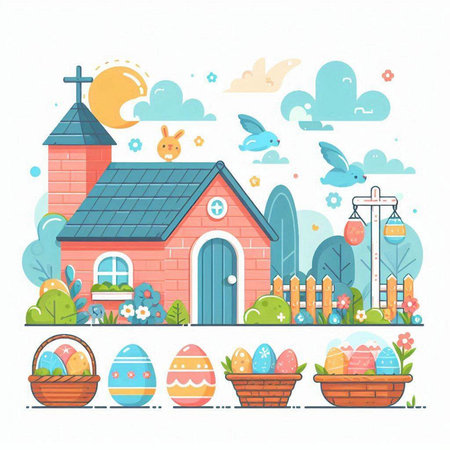 Easter greeting card with cute house, eggs and flowers. Vector illustration.のイラスト素材