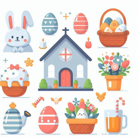 Easter set with eggs, rabbit, house, basket and flowers. Flat vector illustration.のイラスト素材