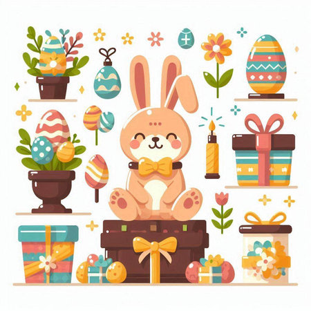Easter set with bunny, eggs, flowers and gift boxes. Vector illustration.のイラスト素材