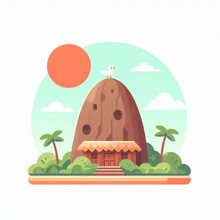 Buddhist temple on the island. Vector illustration in flat styleのイラスト素材