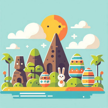 Vector illustration of a flat design of Easter landscape with eggs, bunny and sunのイラスト素材