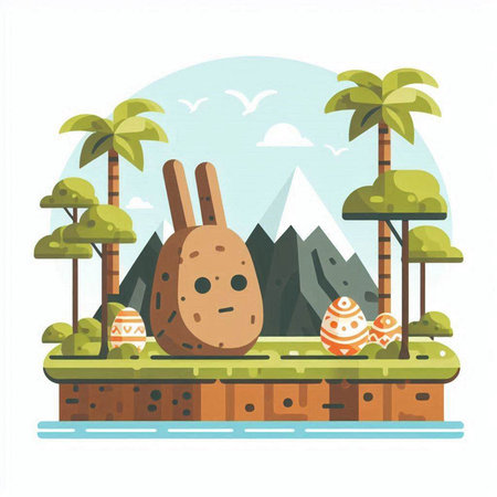 Easter eggs and rabbit in the forest. Vector illustration in flat styleのイラスト素材