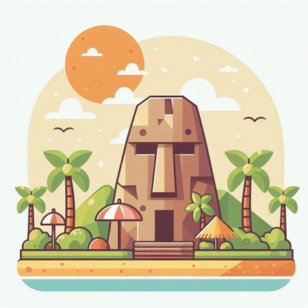 Ancient temple with palm trees and sun. Vector illustration in flat styleのイラスト素材
